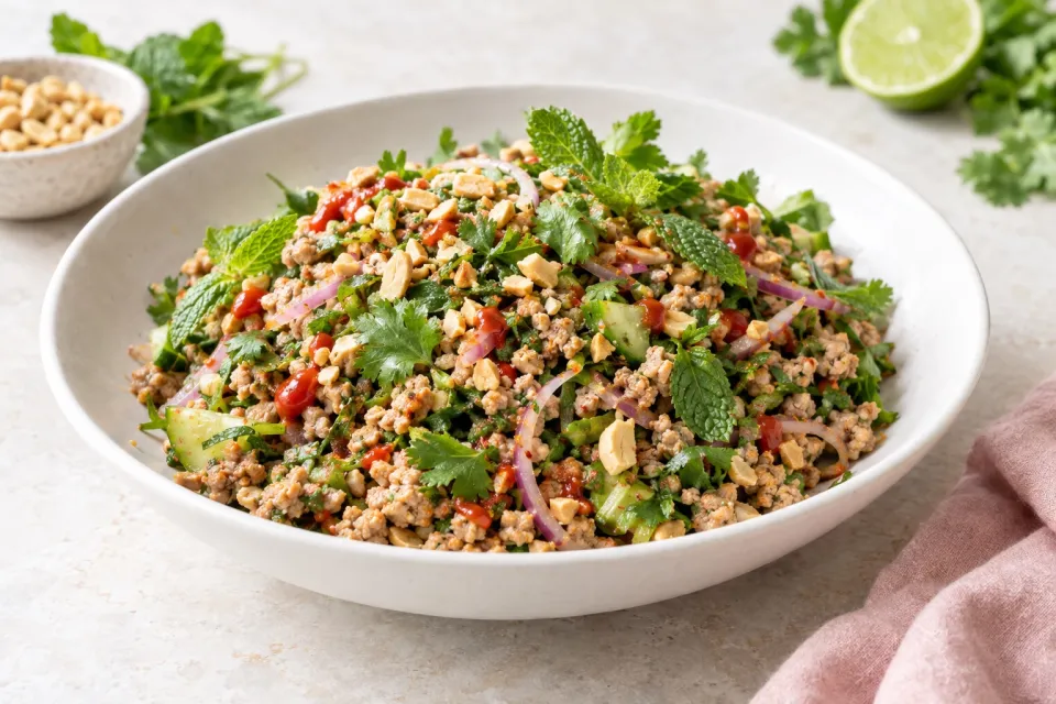 Thai-Inspired Ground Turkey Larb Salad with Sriracha, Mint, Cilantro, and Peanuts