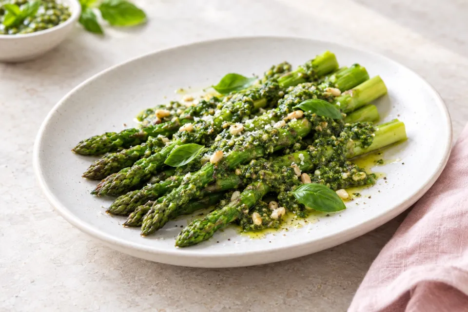 Barely-Cooked Asparagus with Basil Pesto