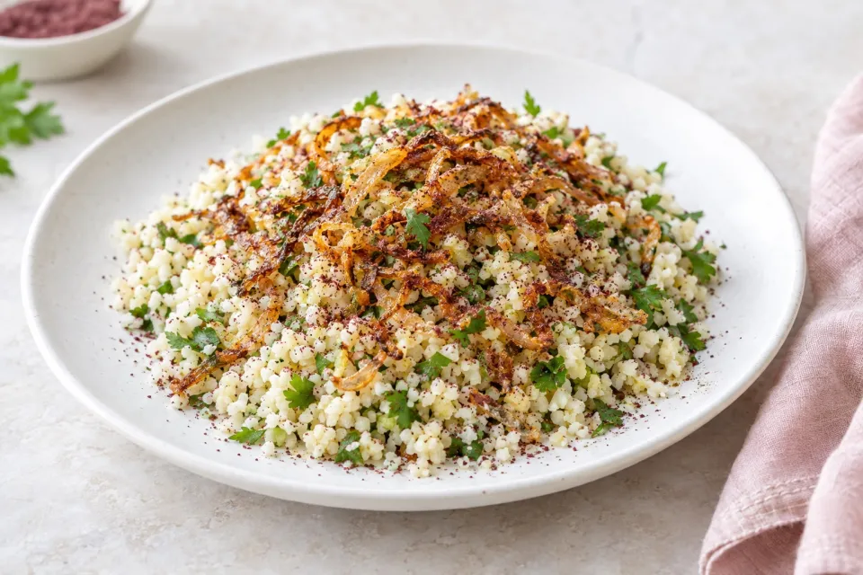 Low-Carb Cauliflower Rice with Fried Onions and Sumac