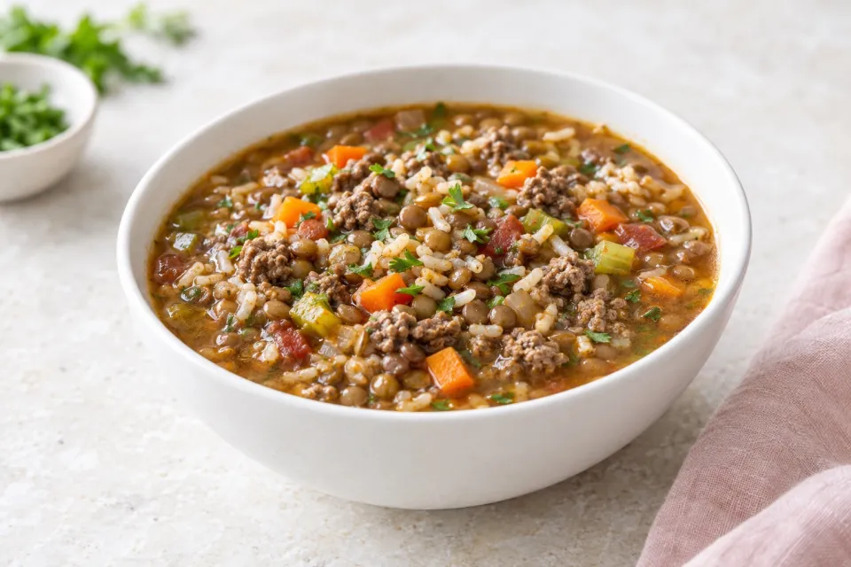 Lentil Soup with Ground Beef and Brown Rice