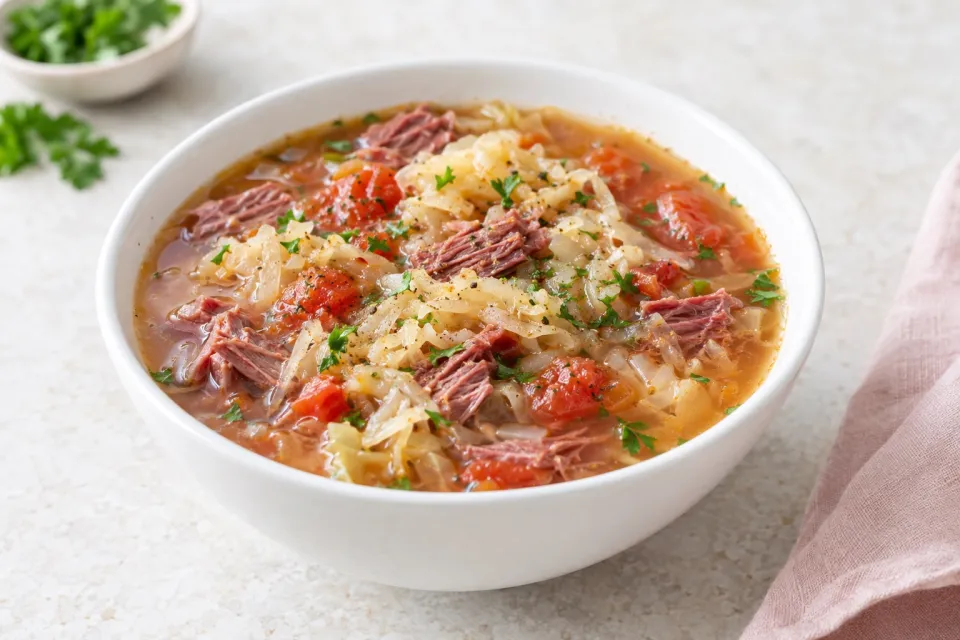 Leftover Corned Beef Soup with Sauerkraut and Tomatoes