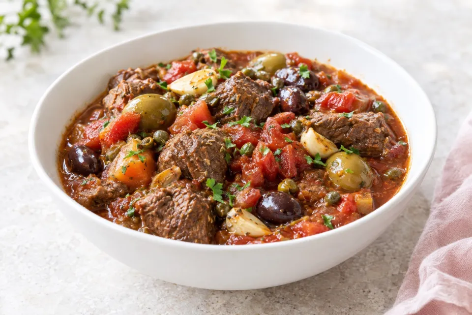 Garlic Lover's Crockpot Beef Stew with Olives, Capers, and Tomatoes