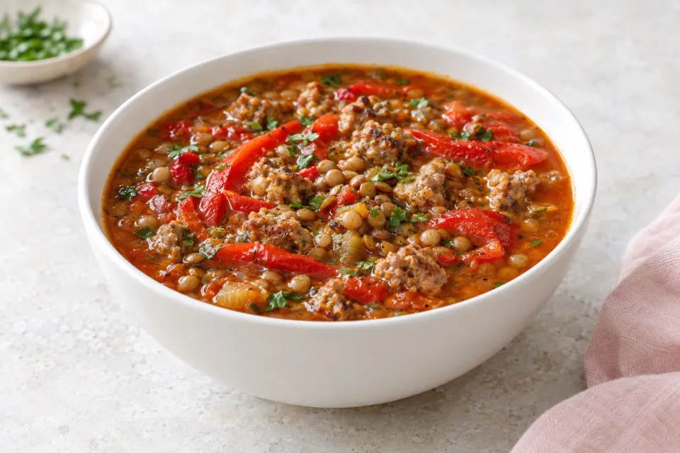 Sausage, Lentil, and Roasted Red Pepper Soup