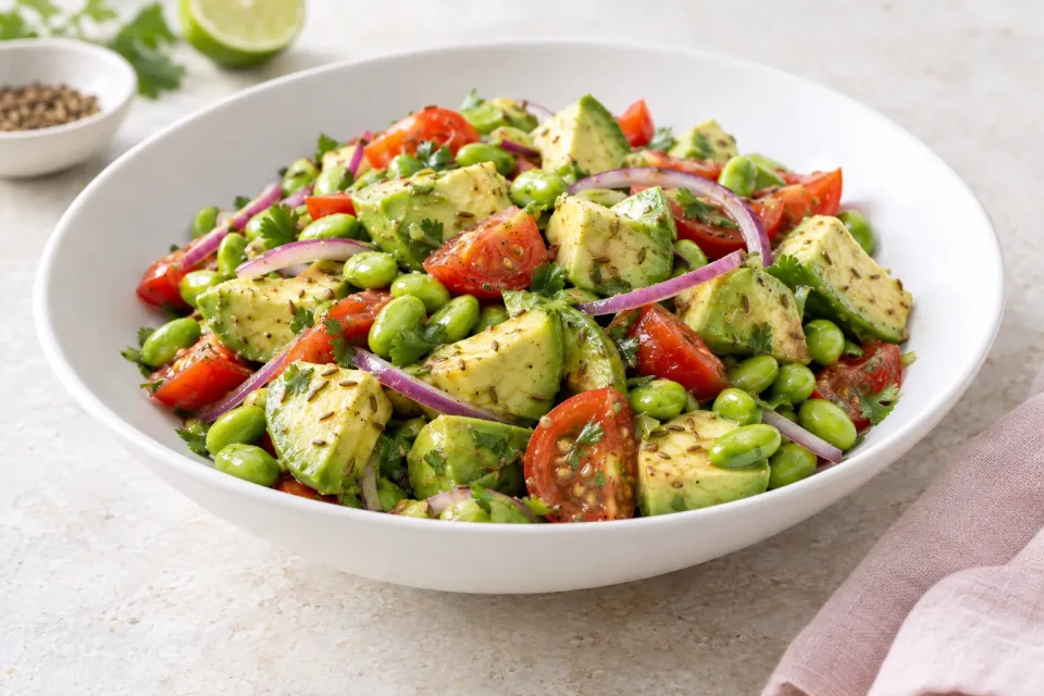 Avocado, Tomato, Edamame, and Red Onion Salad with Cumin-Lime Vinaigrette