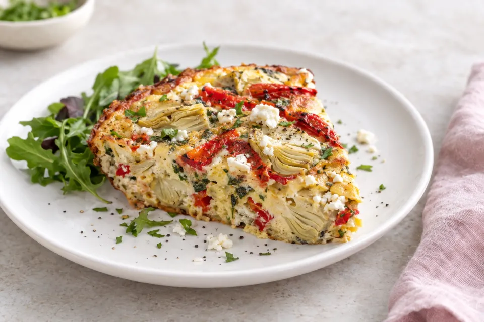 Slow Cooker Frittata with Artichoke Hearts, Roasted Red Pepper, and Feta