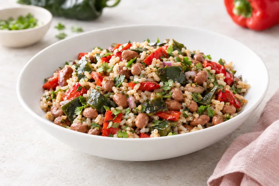 Brown Rice and Pinto Bean Salad with Poblano and Red Bell Pepper