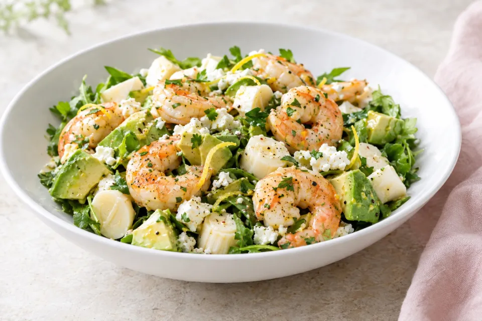 Lemony Shrimp Salad with Avocado, Heart of Palm, and Feta