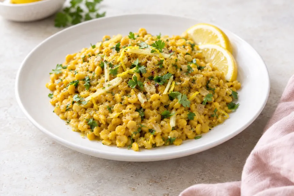 Lemony Yellow Split Pea Side Dish with Garlic and Ginger