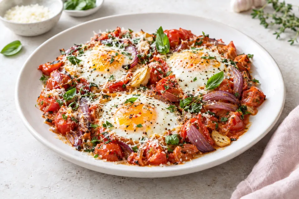 Tuscan Baked Eggs with Tomatoes, Red Onion, Garlic, Parmesan, and Herbs