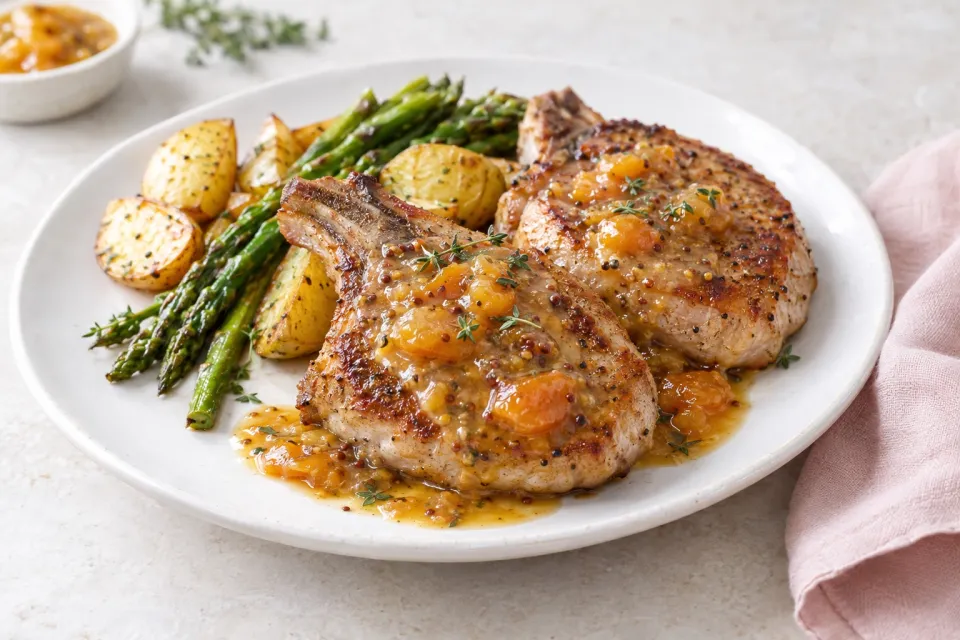Pan-Fried and Roasted Pork Chops with Apricot-Dijon Sauce