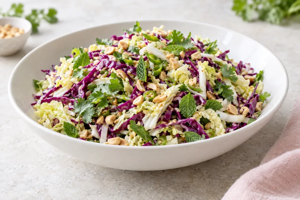 Napa Cabbage and Red Cabbage Salad with Fresh Herbs and Peanuts
