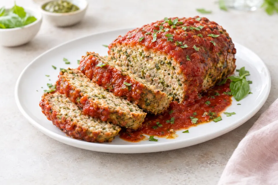 Turkey Pesto Meatloaf with Tomato Sauce
