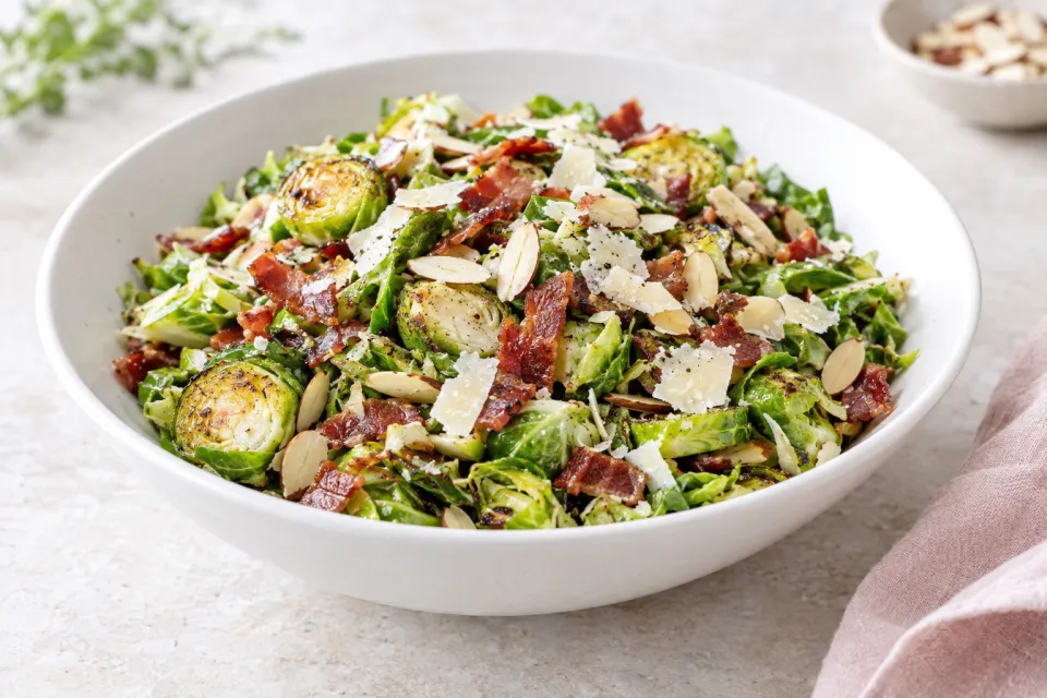 Low-Carb Brussels Sprouts Salad with Bacon, Almonds, and Parmesan