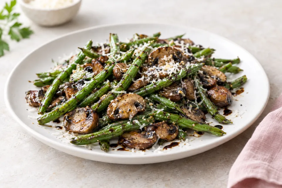 Roasted Green Beans with Mushrooms, Balsamic, and Parmesan