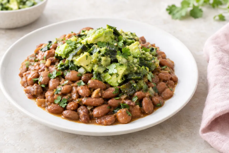 Pressure Cooker Mexican Beans with Avocado-Poblano Salsa