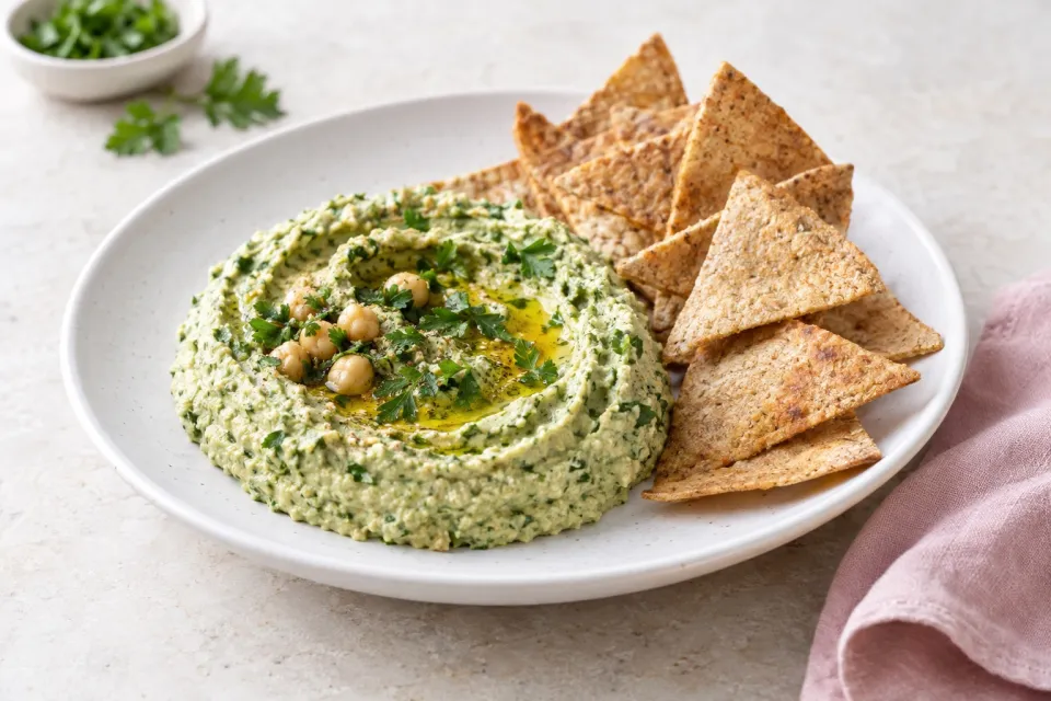 Parsley Hummus with Whole Wheat Pita Chips