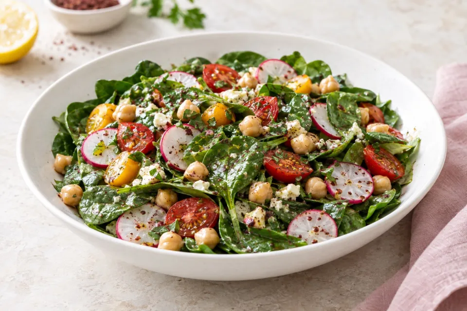 Mediterranean Spinach Salad with Garbanzos, Tomatoes, Radishes, and Sumac-Lemon Vinaigrette