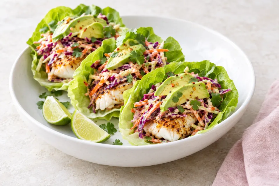 Lettuce Wrap Fish Tacos with Spicy Cabbage Slaw and Avocado
