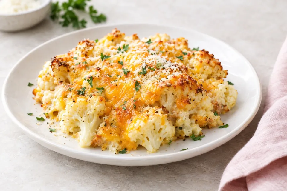 Low-Carb Cauliflower Gratin with Sharp Cheddar and Parmesan
