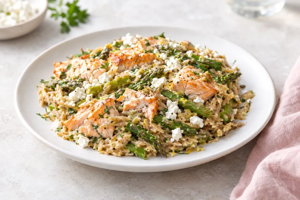 Whole Wheat Orzo Casserole with Salmon, Asparagus, and Feta