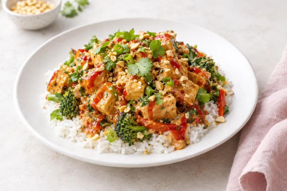 Spicy Vegan Peanut Butter Tofu with Sriracha