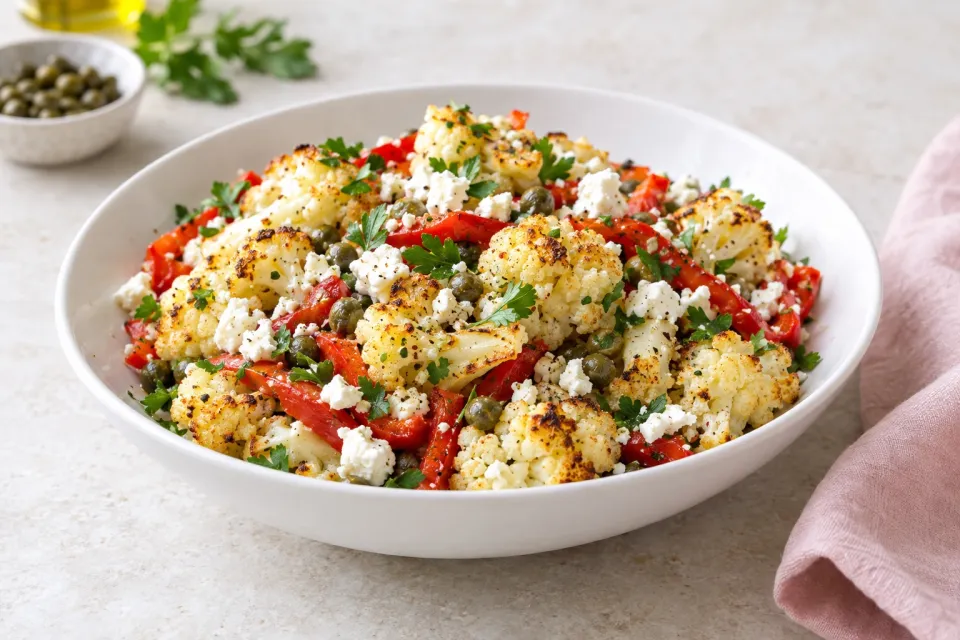 Low-Carb Roasted Cauliflower Salad with Feta, Capers, and Red Pepper