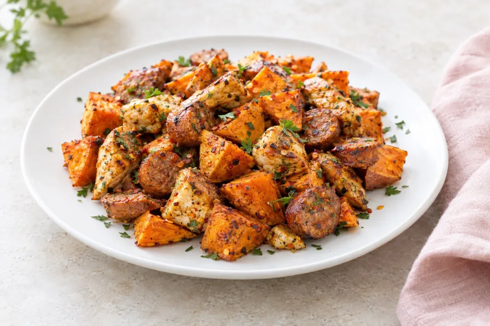 Easy Spicy Roasted Sweet Potatoes and Chicken-Garlic Sausage