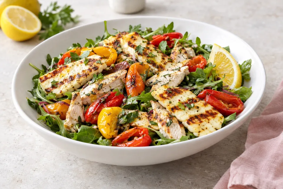 Grilled Halloumi Salad with Chicken, Mini-Peppers, and Lemon
