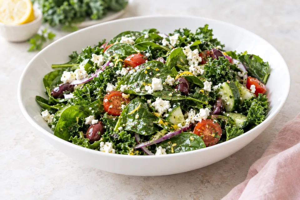 Spinach and Kale Greek Salad with Feta-Lemon Vinaigrette