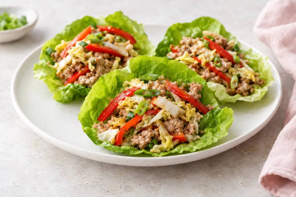 Asian Lettuce Wraps with Pork, Napa Cabbage, and Red Bell Pepper