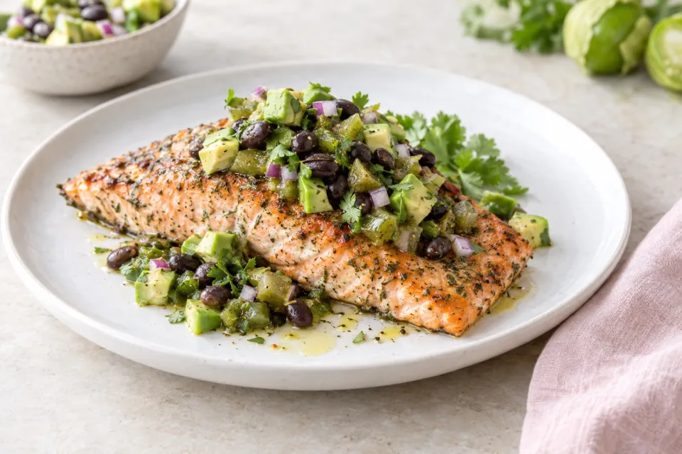 Wild Salmon Roasted in Olive Oil and Herbs with Tomatillo, Black Bean, Avocado Salsa
