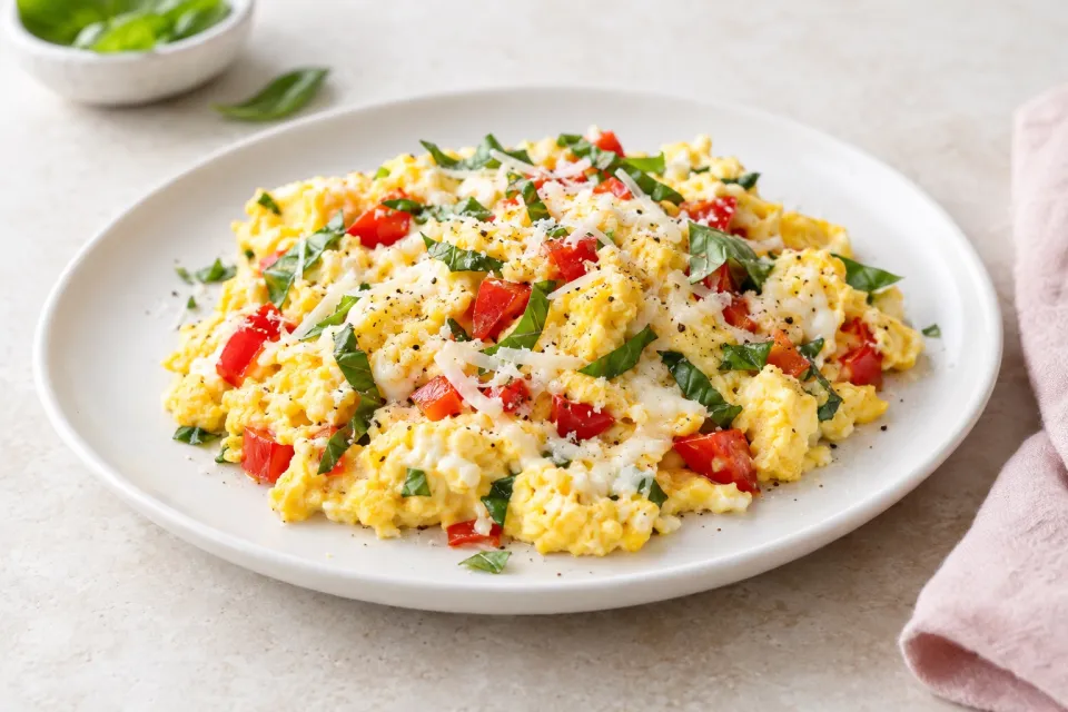 Cheryl's Eggs Scrambled with Red Pepper, Basil and Cheese