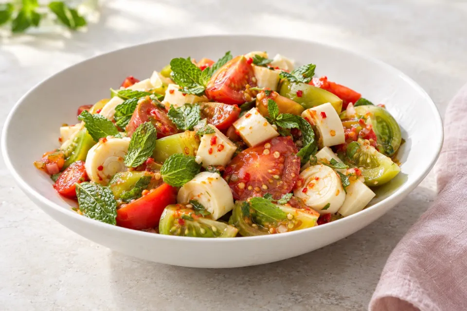 Red and Green Tomato Salad with Hearts of Palm, Mint, and Spicy Thai Dressing