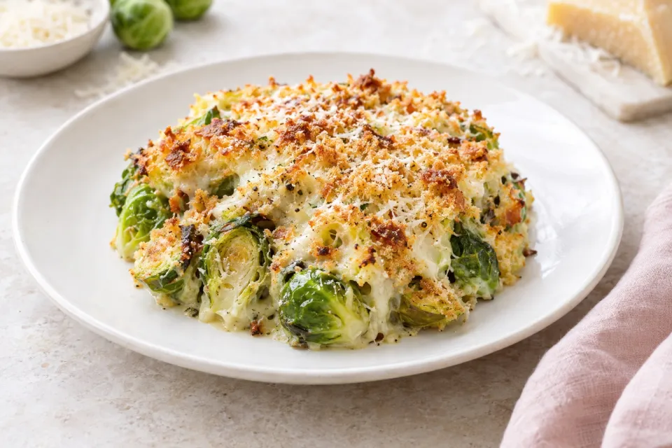 Easy Brussels Sprouts Gratin with Swiss and Parmesan