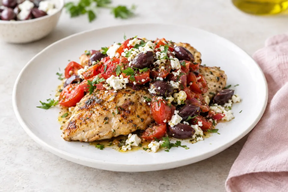 Sauteed Greek Chicken with Tomato, Olive, and Feta Topping