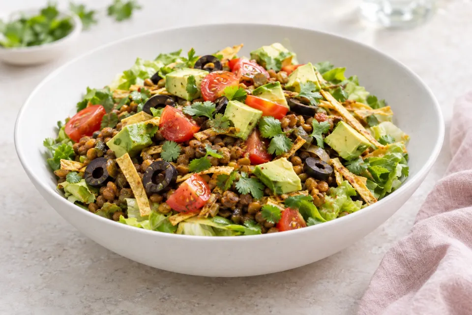 Vegetarian Lentil Taco Salad with Tomatoes, Olives, and Avocado