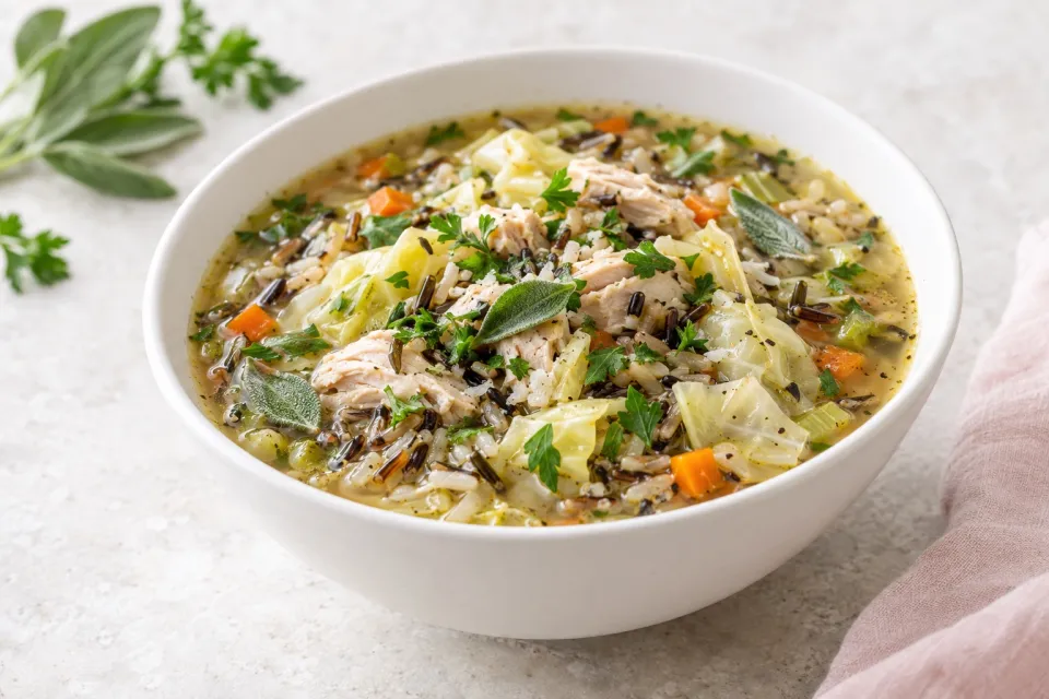 Turkey and Wild Rice Soup with Cabbage, Parsley, and Sage