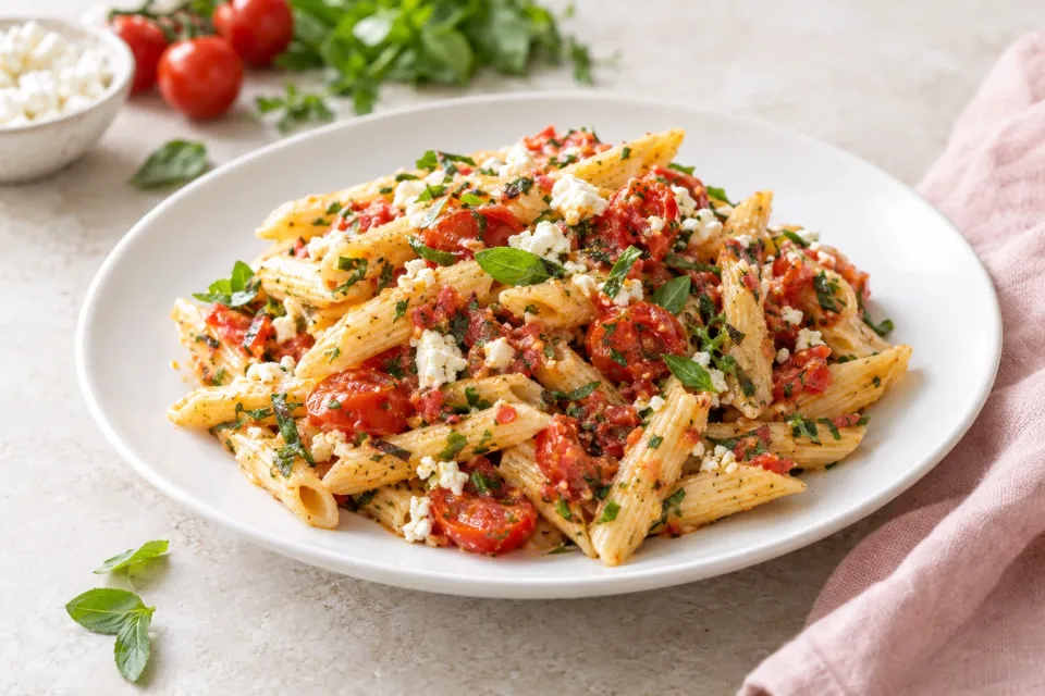 Penne Pasta with Tomato, Herb, and Feta No-Cook Pasta Sauce