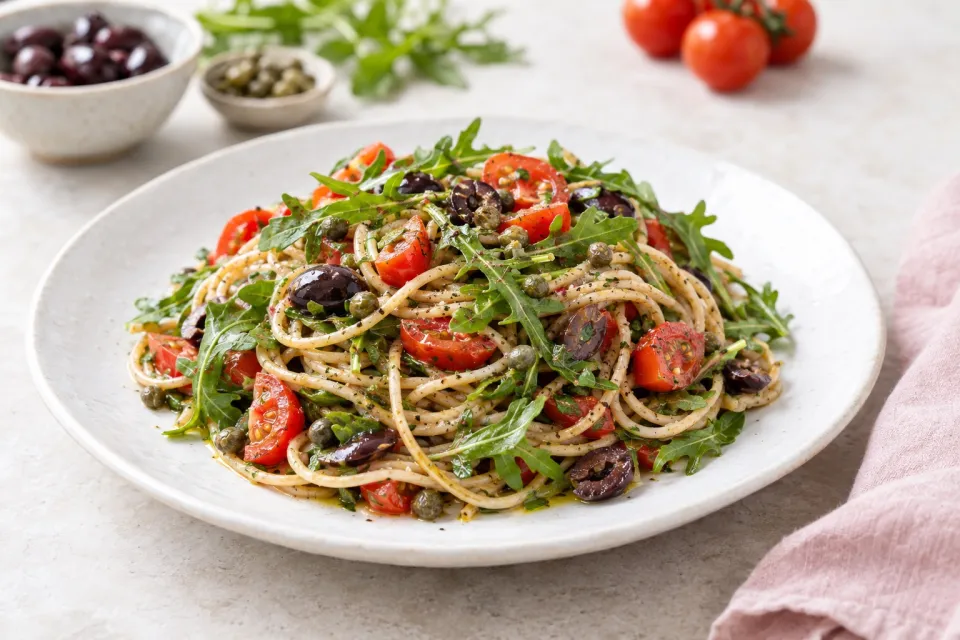 Whole Wheat Spaghetti with No-Cook Sauce of Tomatoes, Arugula, Olives, and Capers