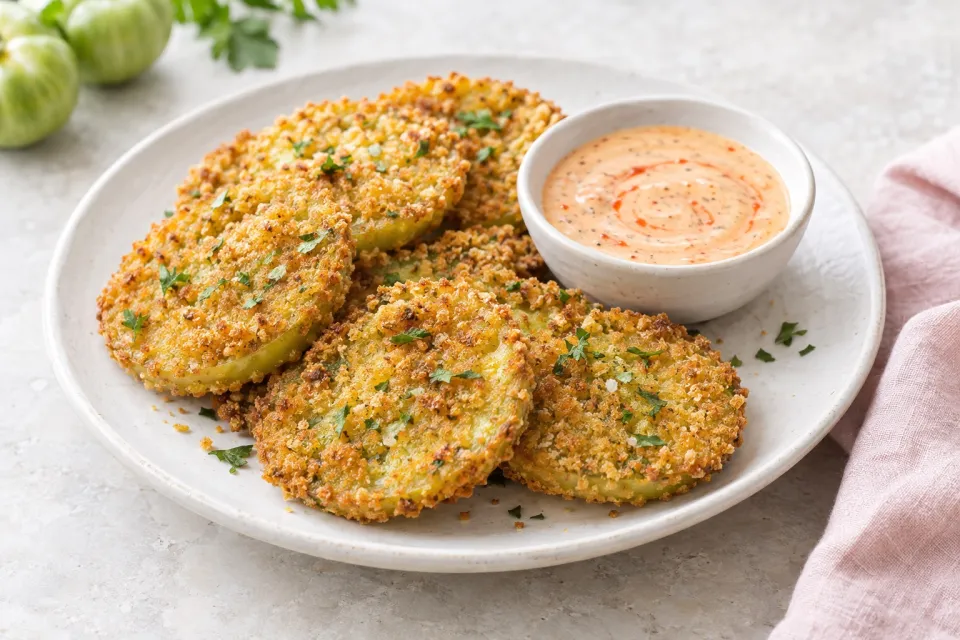 Oven-Fried Green Tomatoes with Sriracha-Ranch Dipping Sauce