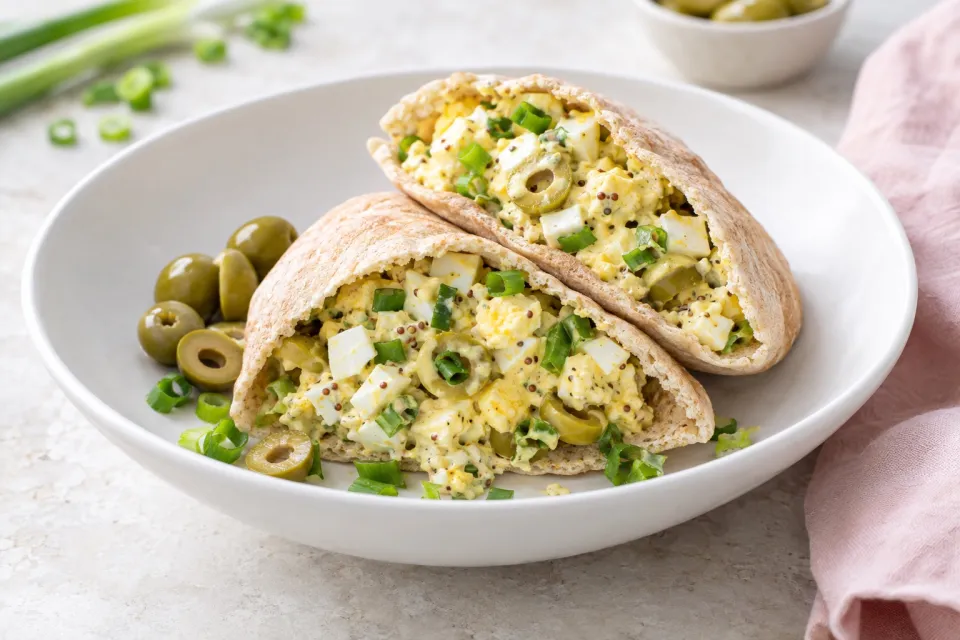 Low-Carb Egg Salad in Pita with Green Olives, Green Onions, and Dijon