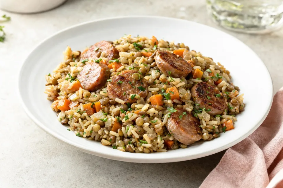 Casserole of Lentils, Rice, and Sausage