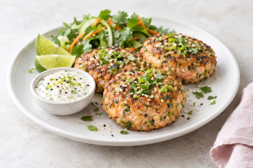 Asian Flavored Wild Salmon Patties with Sesame-Lime Mayonnaise