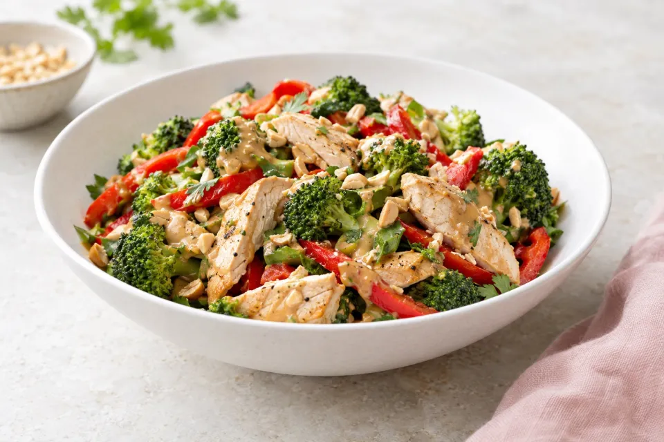 Chicken, Broccoli, and Red Bell Pepper Salad with Peanut Butter Dressing