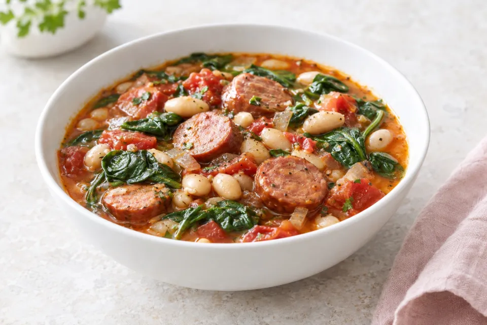 Slow Cooker Kielbasa and White Bean Stew with Tomatoes and Spinach