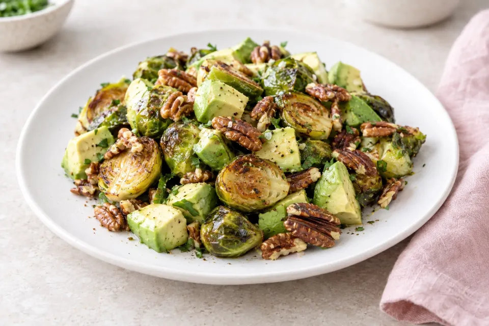Roasted Brussels Sprouts with Avocados and Pecans