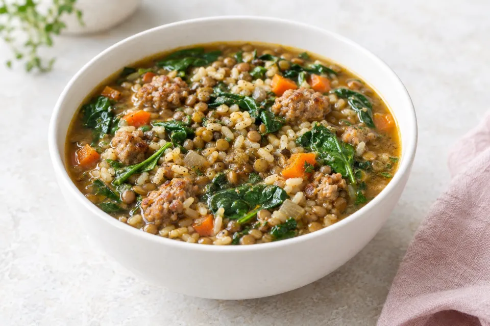 Crockpot Double Lentil, Sausage, Brown Rice, and Spinach Soup