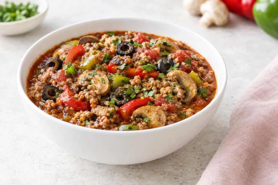 Easy Turkey Chili with Peppers, Mushrooms, and Olives