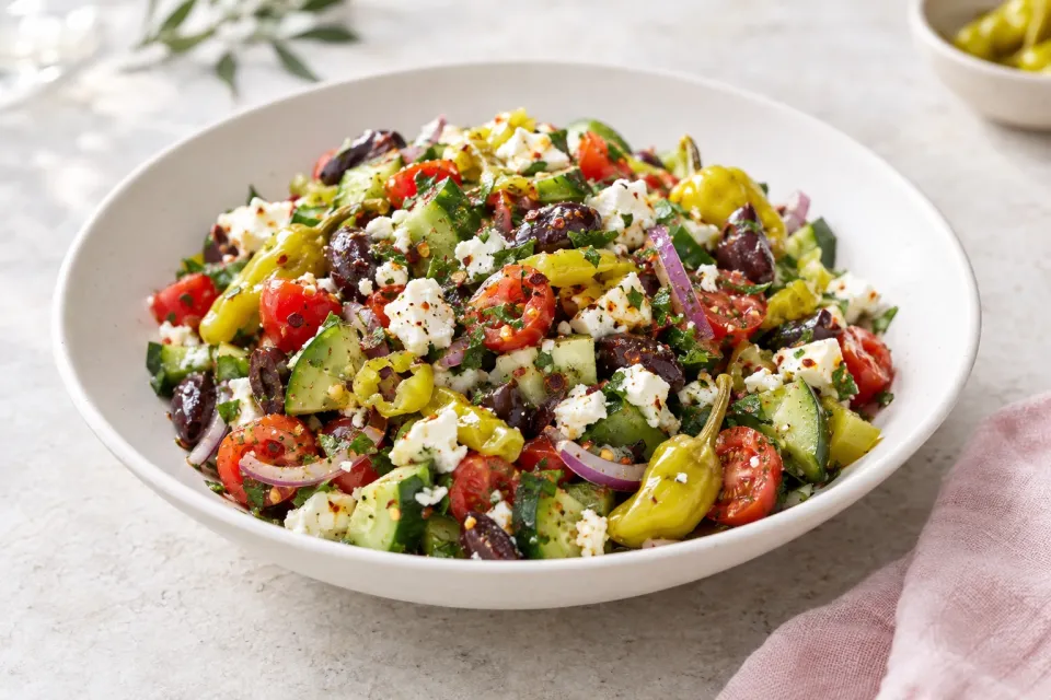 Spicy Chopped Greek-Style Salad with Peperoncini