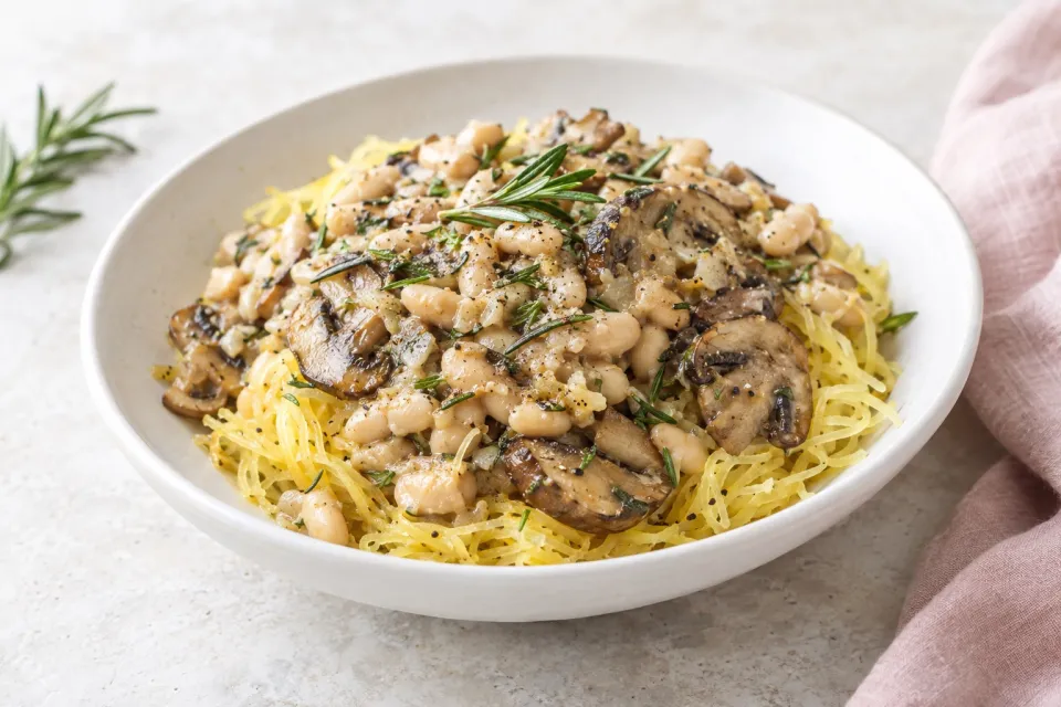Slow Cooker White Bean, Mushroom, and Rosemary Spaghetti Squash Bowl